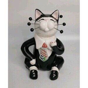 Lacombe Whimsiclay Ceramic Black White Cat "Stepping Out"  Signed 2003 #86002